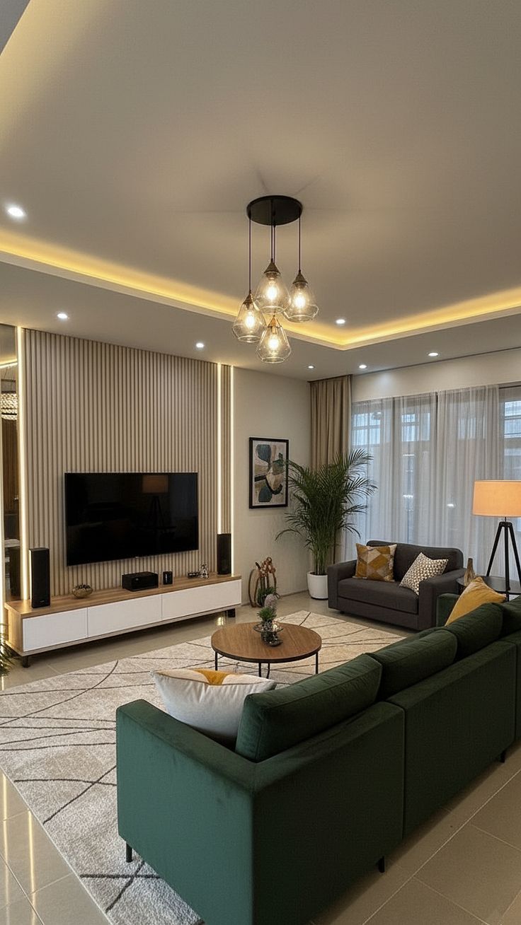 High-end living interior with layered lighting