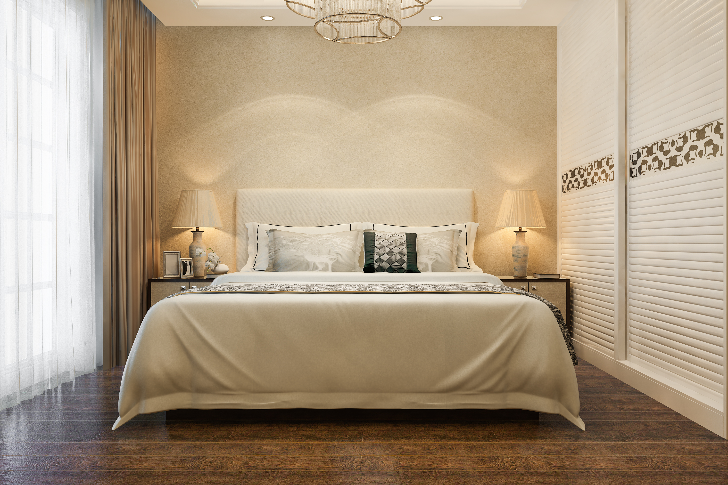 Minimal bedroom interior with soft palette