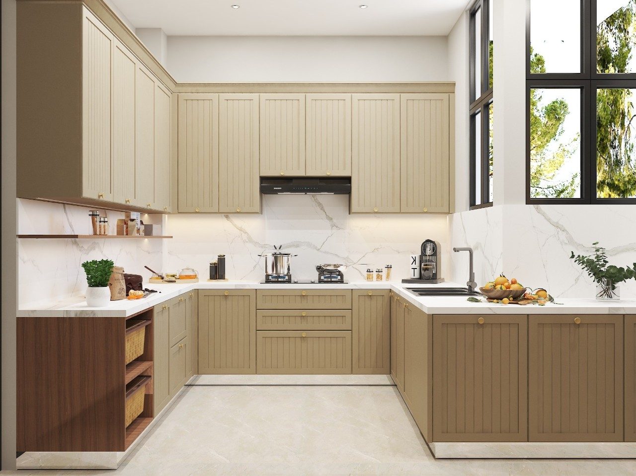 U-shaped modular kitchen layout with wide counters