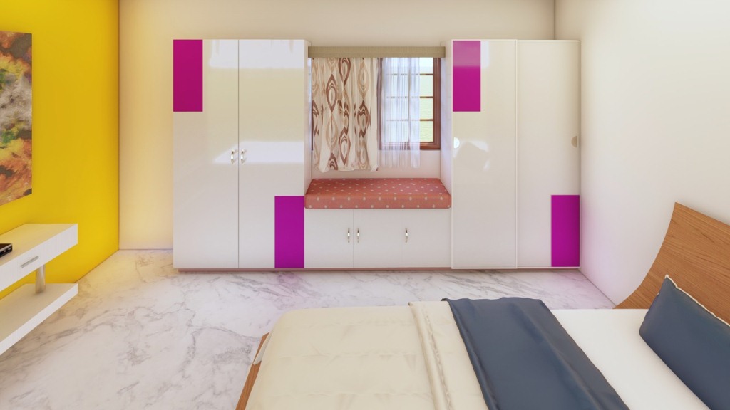 Bedroom interior with soft lighting and storage