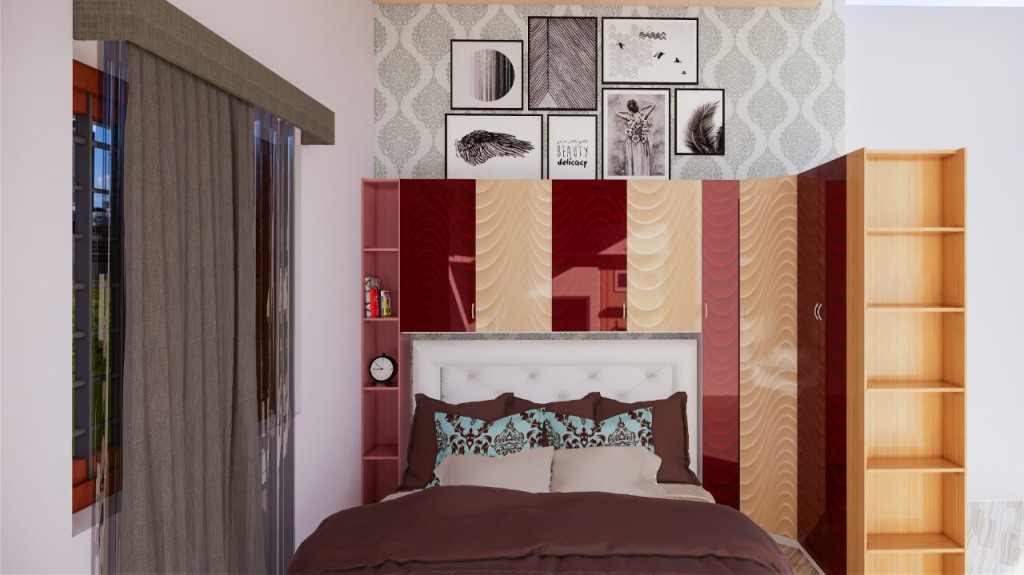 Bedroom interior with soft lighting and storage