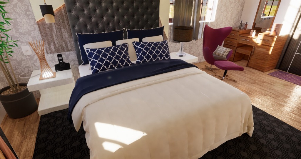 Bedroom interior with soft lighting and storage