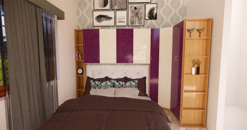 Bedroom interior with soft lighting and storage