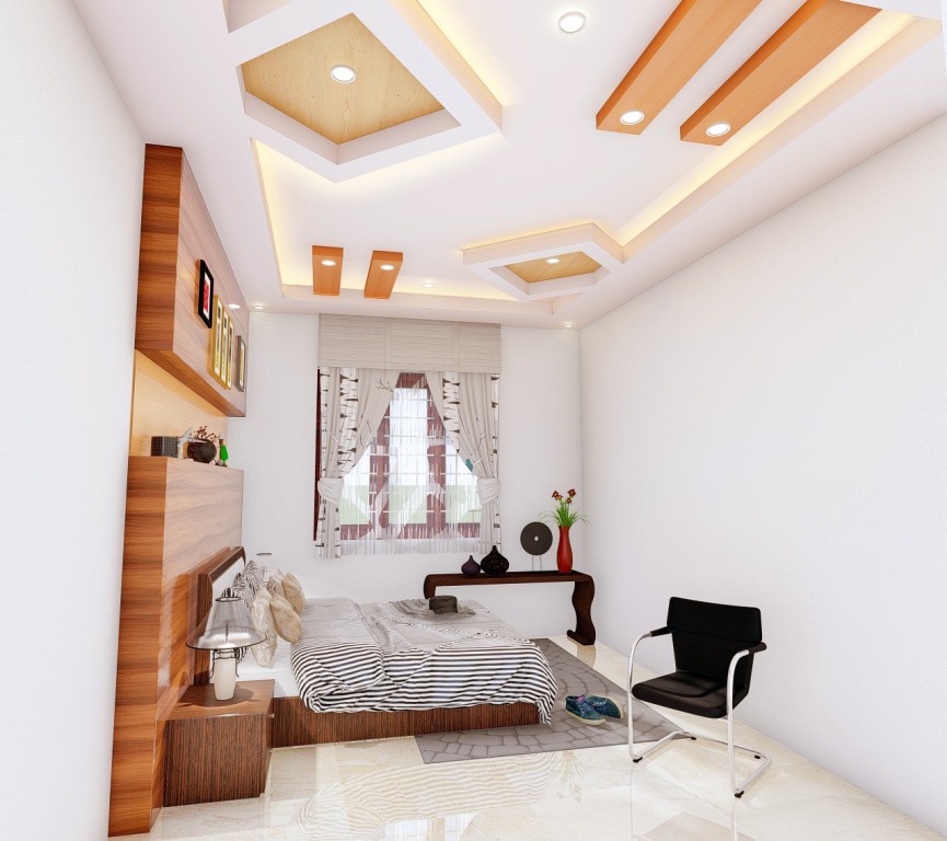 Bedroom interior with soft lighting and storage